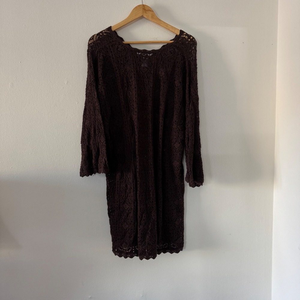 Crochet Boho Womens 2X Plus Size Chocolate Brown Top Blouse Indie Lagenlook